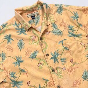 Tommy Bahama Shirt Men's Medium Orange Button Up Floral Dragons 100% Silk Camp